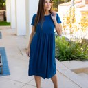 Large Blue Solid Gathered Waist Side Pocket Penelope Dress