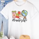 Small White #TeacherLife Coffee Books Globe Graphic Tee