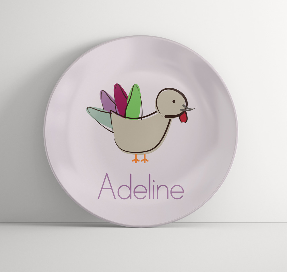 Personalized Pink Purple Turkey Plate  - Thanksgiving Tableware- Kids Table