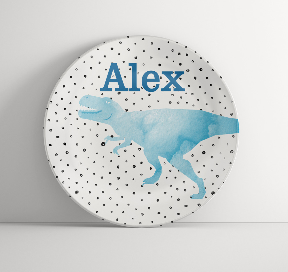 Personalized Dinosaur Plate- Custom Blue Dino Dinnerware