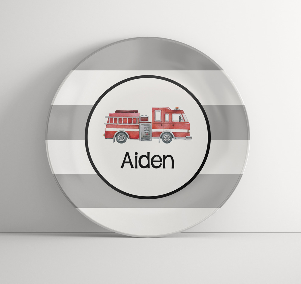 Personalized Plate - Fire Truck Stripes- Custom Plate for Boys