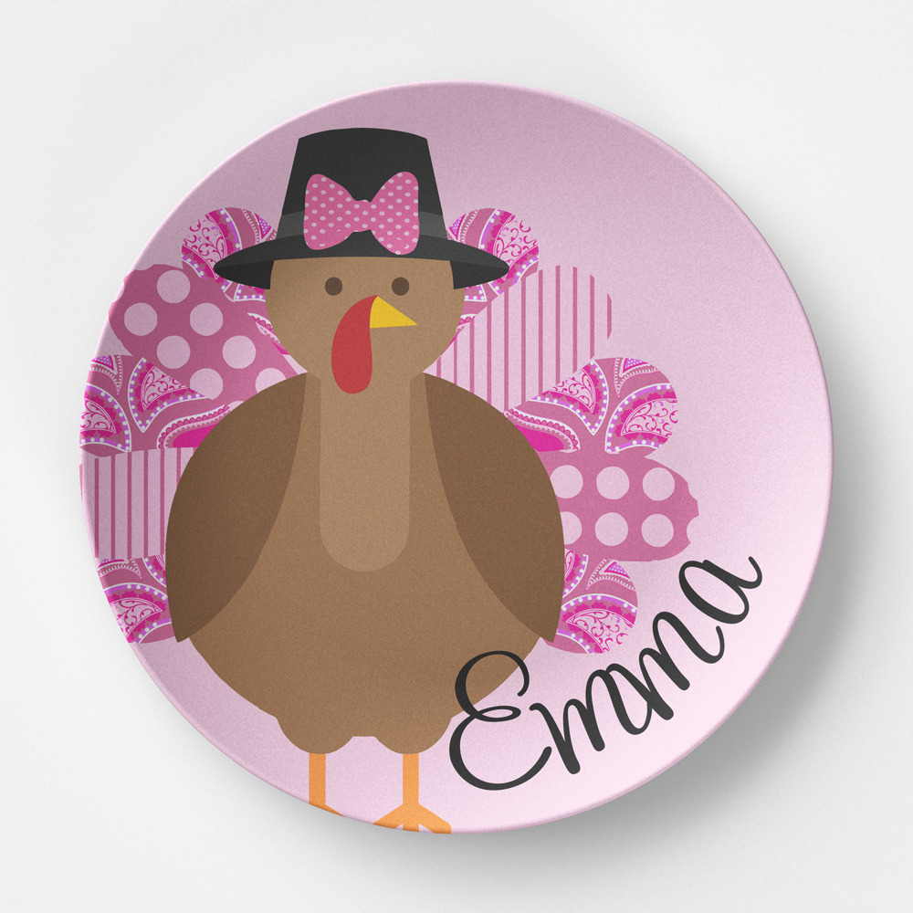 Personalized Pink Turkey Plate  - Thanksgiving Tableware- Kids Table