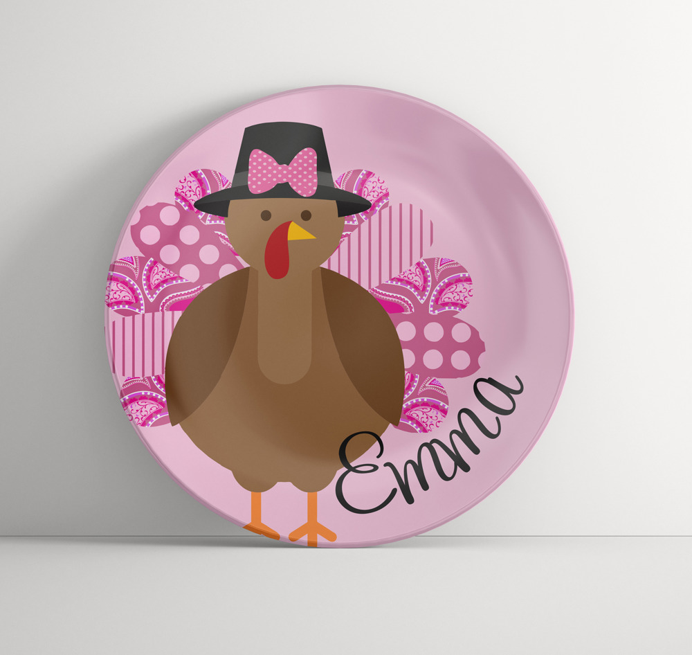 Personalized Pink Turkey Plate  - Thanksgiving Tableware- Kids Table