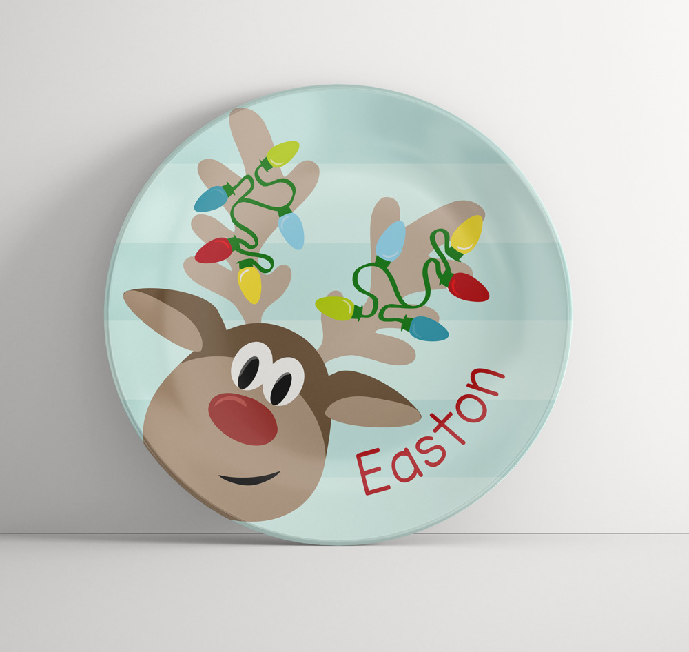 Tin Tree Gift Personalized Plate - Nosey Reindeer - Custom Reindeer Dinnerware Keepsake