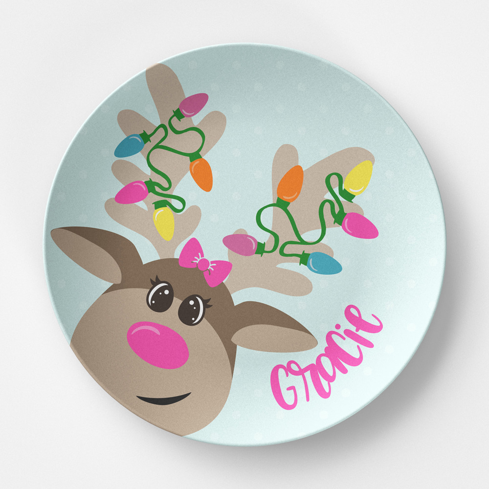 Tin Tree Gift Personalized Plate - Nosey Reindeer - Custom Reindeer Dinnerware Keepsake