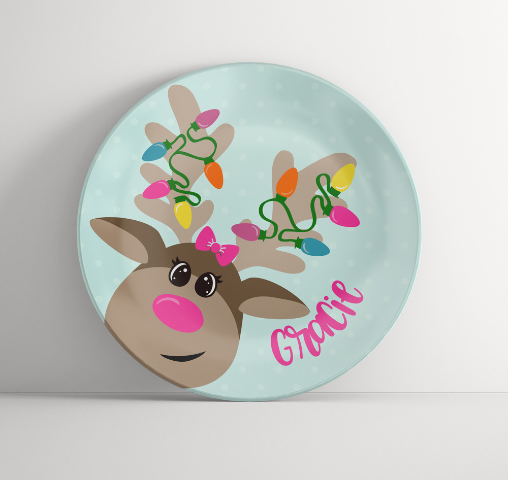 Tin Tree Gift Personalized Plate - Nosey Reindeer - Custom Reindeer Dinnerware Keepsake