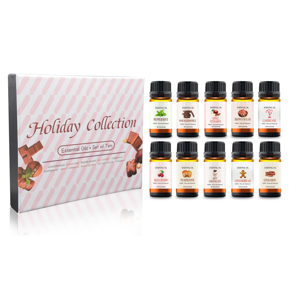 10-Piece: Holiday Collection Therapeutic-Grade Aromatherapy Essential Oil Set for Diffusers and Making Candles