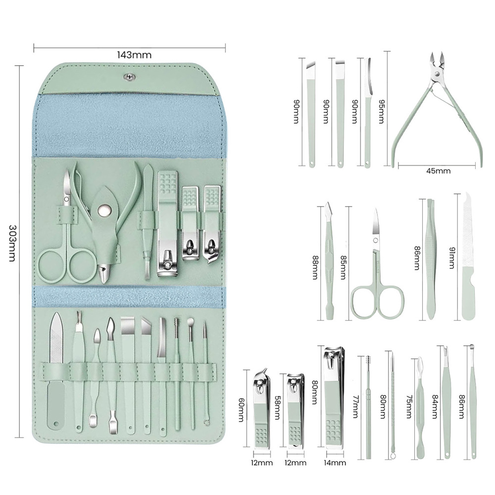 Stainless Steel Professional 16-Piece Manicure Pedicure Facial Set Grooming Kit with Luxurious Portable Travel Leather Case