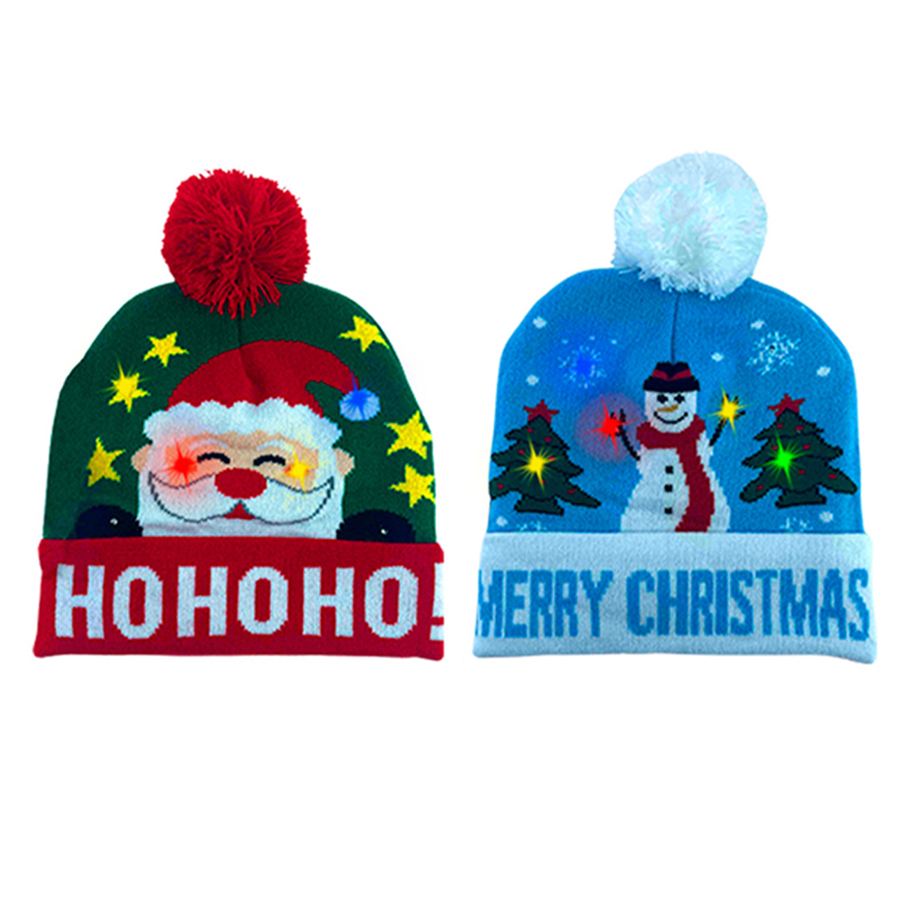 2-Pack: Colorful Warm LED Christmas Holiday Pom Pom Beanie Hat Winter Knit