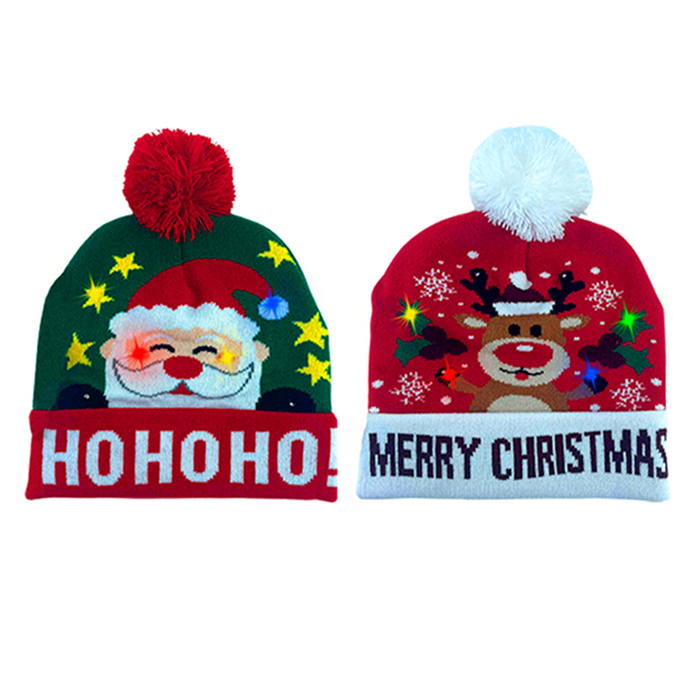 2-Pack: Colorful Warm LED Christmas Holiday Pom Pom Beanie Hat Winter Knit