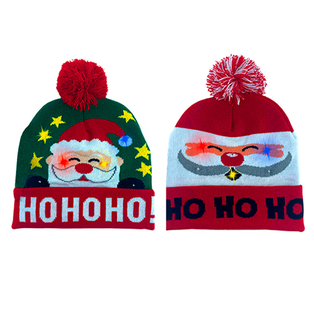 2-Pack: Colorful Warm LED Christmas Holiday Pom Pom Beanie Hat Winter Knit