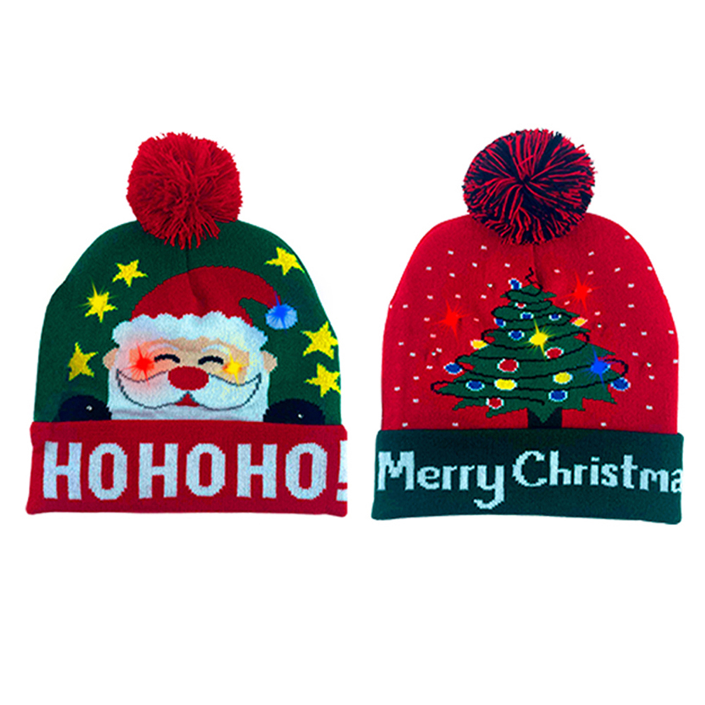 2-Pack: Colorful Warm LED Christmas Holiday Pom Pom Beanie Hat Winter Knit