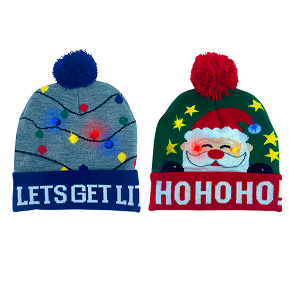 2-Pack: Colorful Warm LED Christmas Holiday Pom Pom Beanie Hat Winter Knit