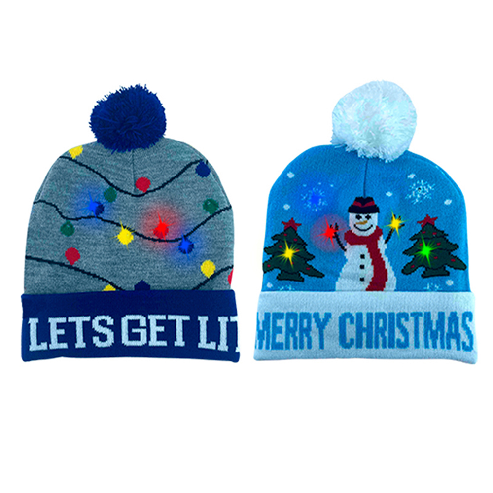 2-Pack: Colorful Warm LED Christmas Holiday Pom Pom Beanie Hat Winter Knit