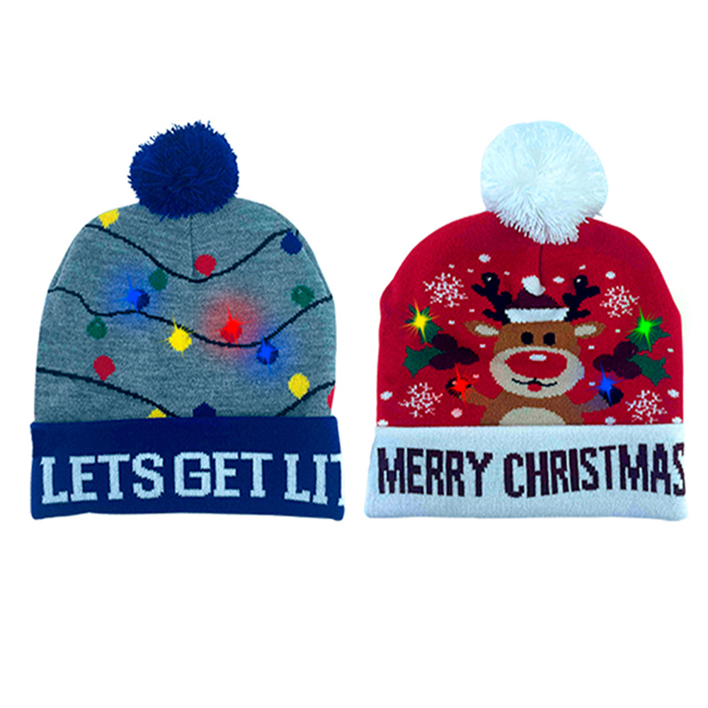 2-Pack: Colorful Warm LED Christmas Holiday Pom Pom Beanie Hat Winter Knit