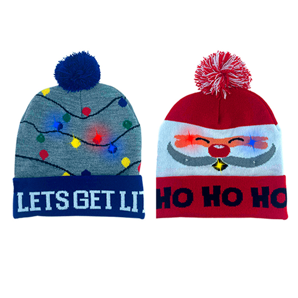 2-Pack: Colorful Warm LED Christmas Holiday Pom Pom Beanie Hat Winter Knit