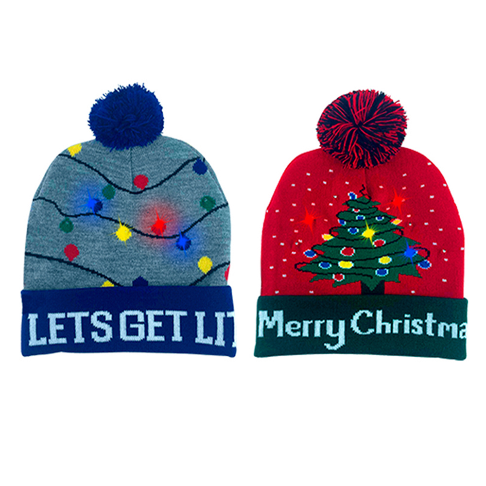 2-Pack: Colorful Warm LED Christmas Holiday Pom Pom Beanie Hat Winter Knit