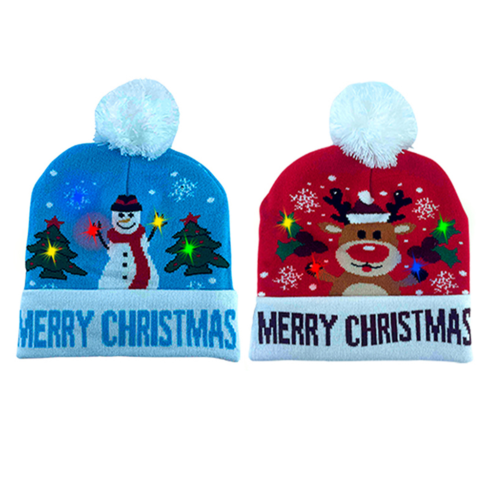 2-Pack: Colorful Warm LED Christmas Holiday Pom Pom Beanie Hat Winter Knit