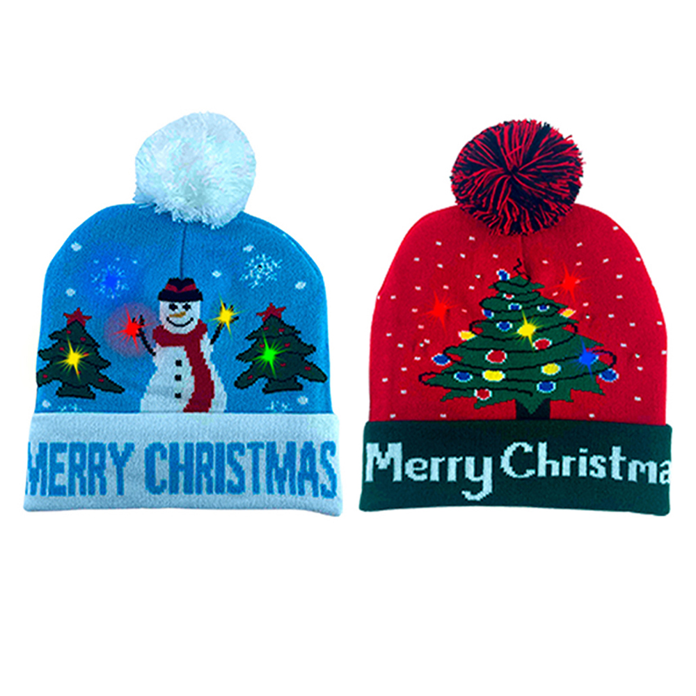 2-Pack: Colorful Warm LED Christmas Holiday Pom Pom Beanie Hat Winter Knit