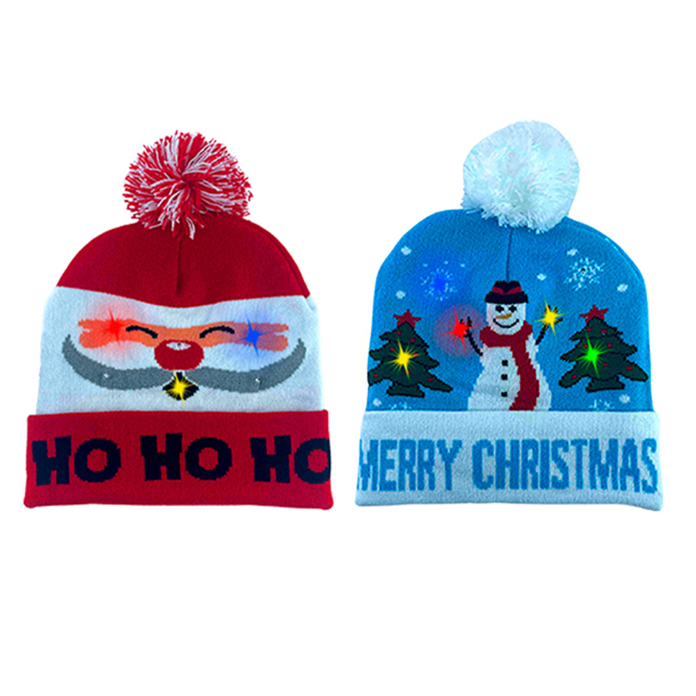 2-Pack: Colorful Warm LED Christmas Holiday Pom Pom Beanie Hat Winter Knit