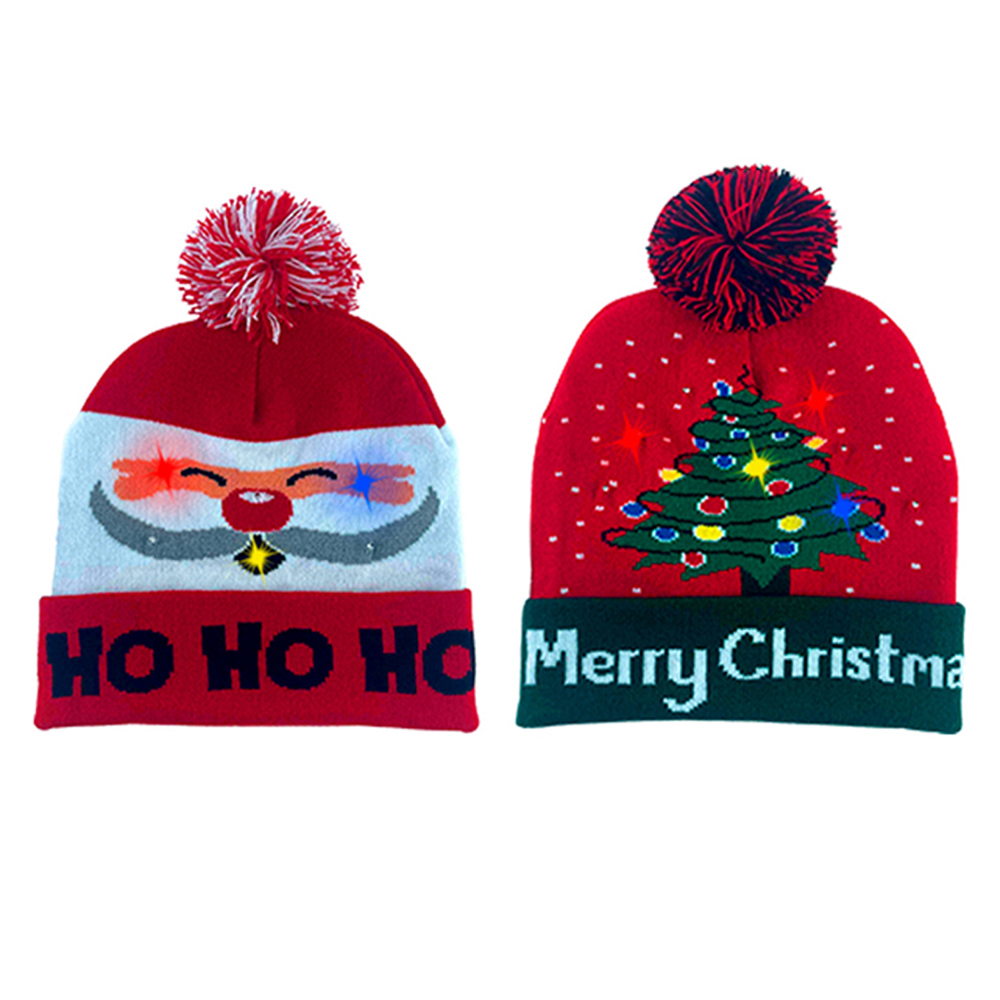 2-Pack: Colorful Warm LED Christmas Holiday Pom Pom Beanie Hat Winter Knit