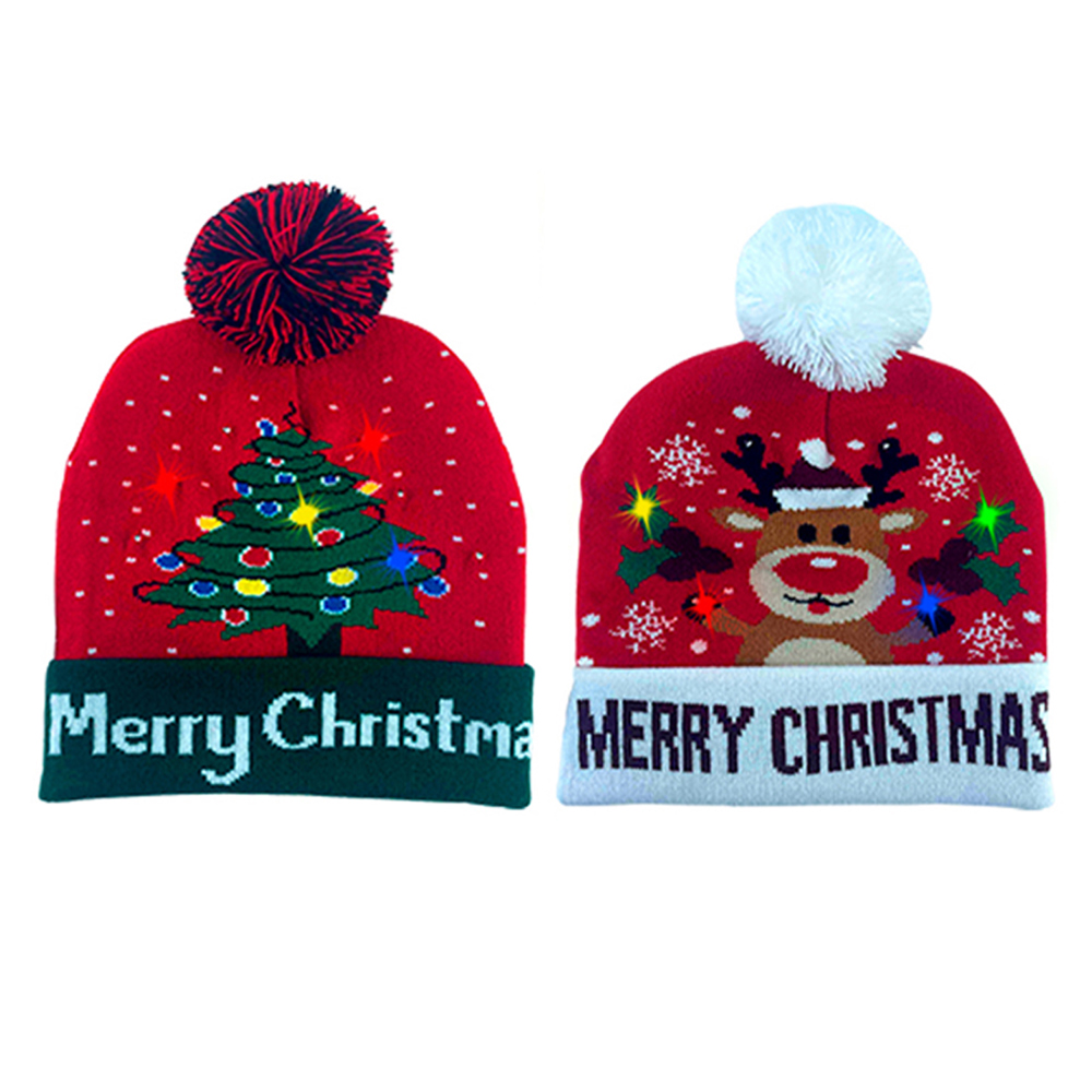 2-Pack: Colorful Warm LED Christmas Holiday Pom Pom Beanie Hat Winter Knit