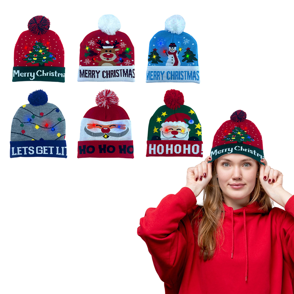 2-Pack: Colorful Warm LED Christmas Holiday Pom Pom Beanie Hat Winter Knit