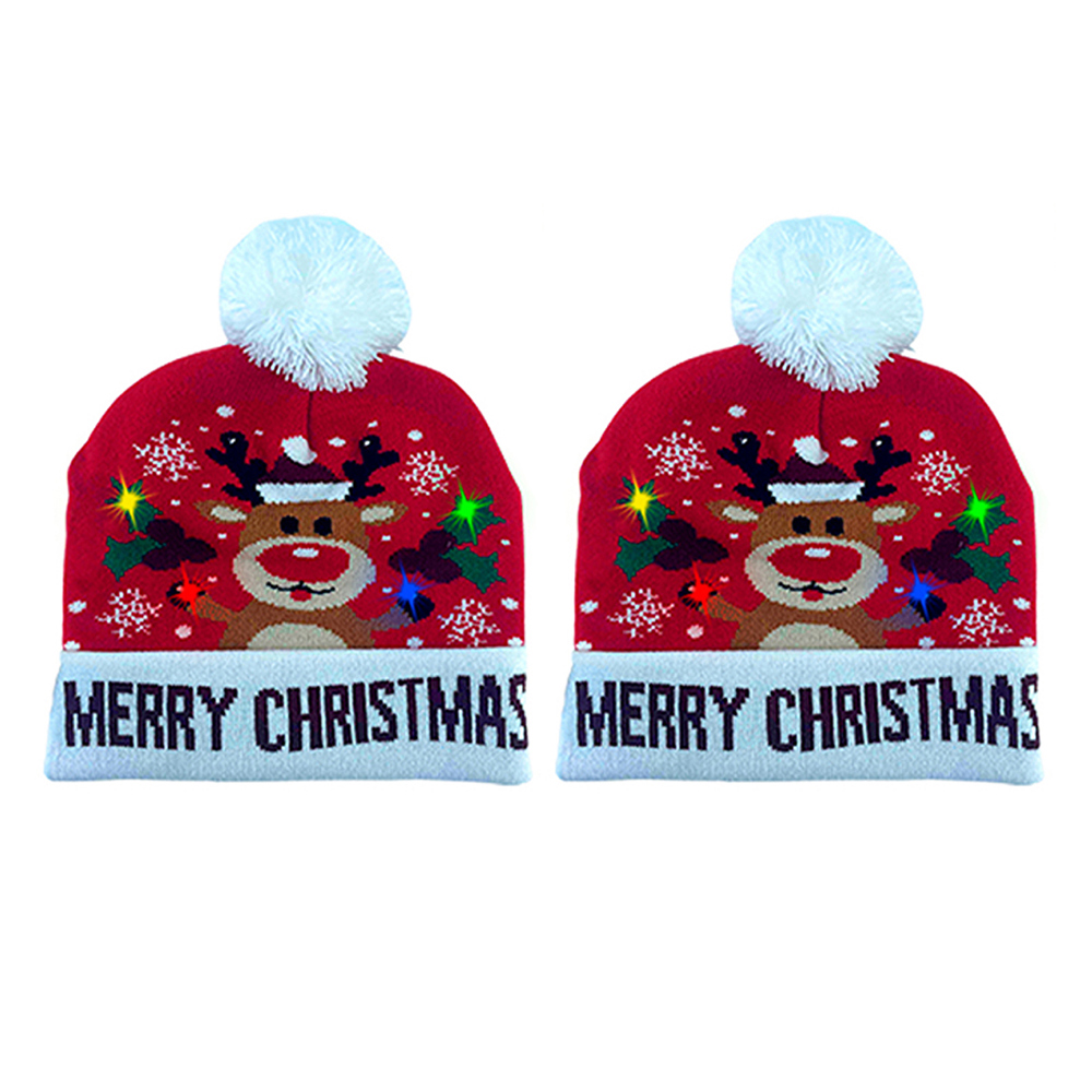 2-Pack: Colorful Warm LED Christmas Holiday Pom Pom Beanie Hat Winter Knit