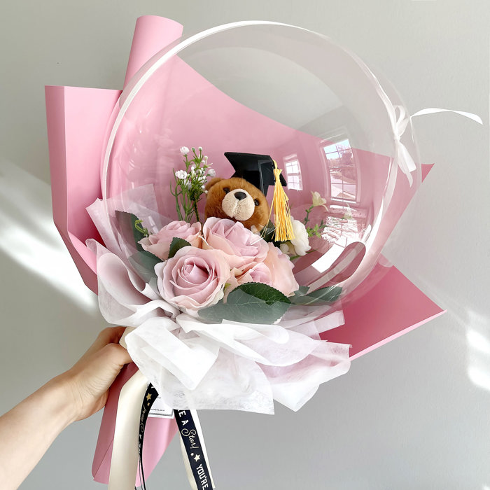 Graduation Teddy Bear Pink Rose Flower Balloon Bouquet Pink Wrapping paper