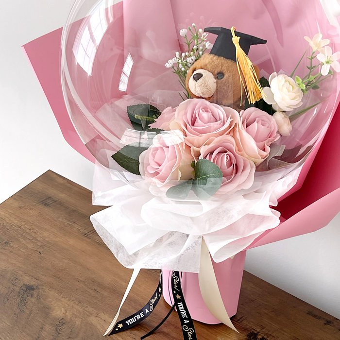 Graduation Teddy Bear Pink Rose Flower Balloon Bouquet Pink Wrapping paper