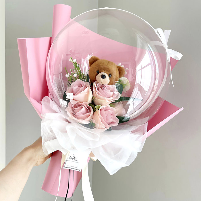 Teddy Bear Pink Rose Flower Balloon Bouquet Pink Flower Wrapping paper