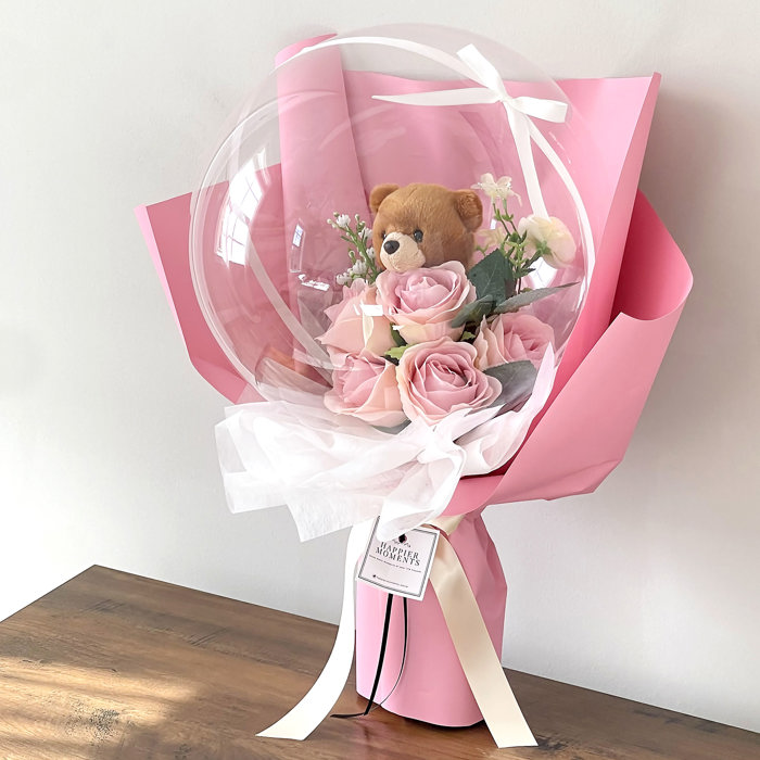 Teddy Bear Pink Rose Flower Balloon Bouquet Pink Flower Wrapping paper