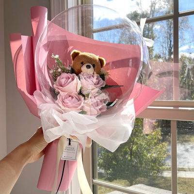 Teddy Bear Pink Rose Flower Balloon Bouquet Pink Flower Wrapping paper