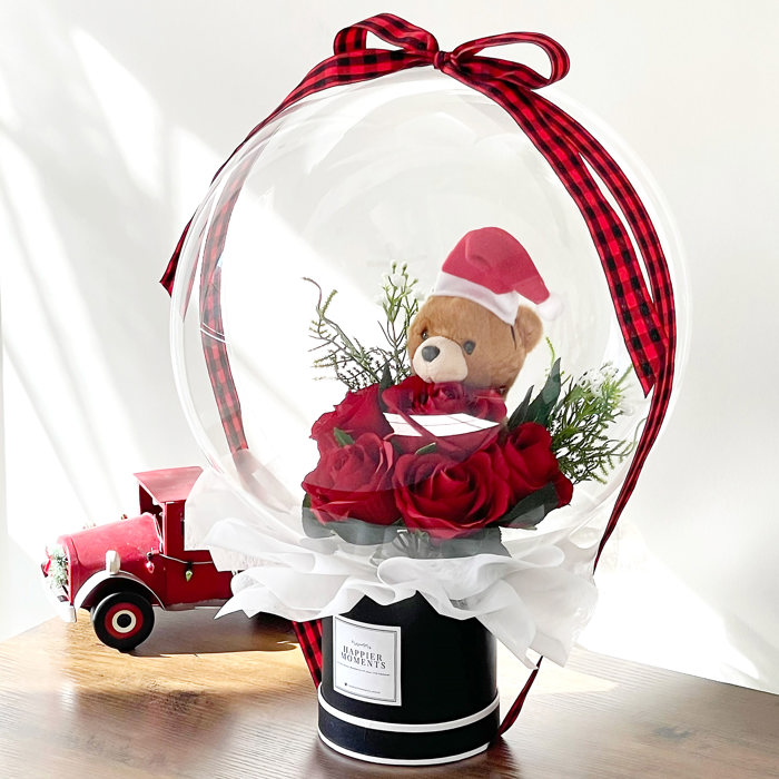 Christmas Teddy Bear Rose Flower Bobo Balloon Bouquet Black Box