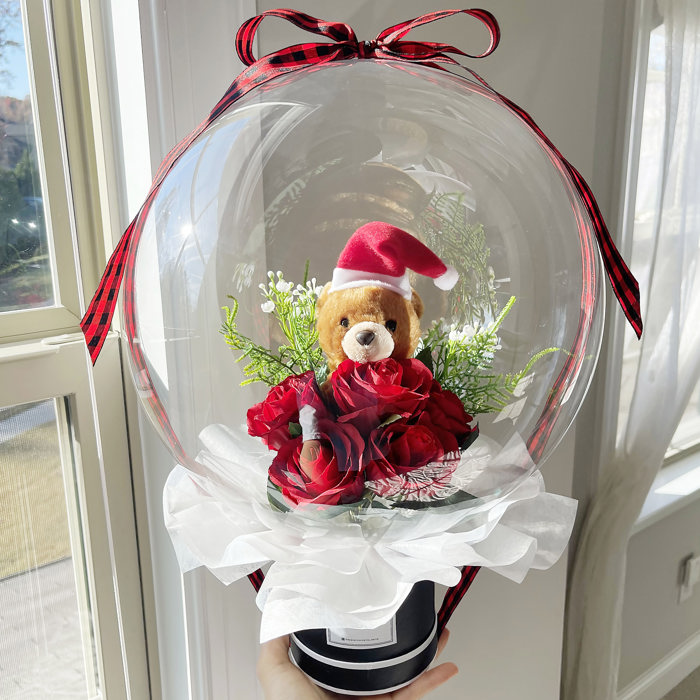 Christmas Teddy Bear Rose Flower Bobo Balloon Bouquet Black Box