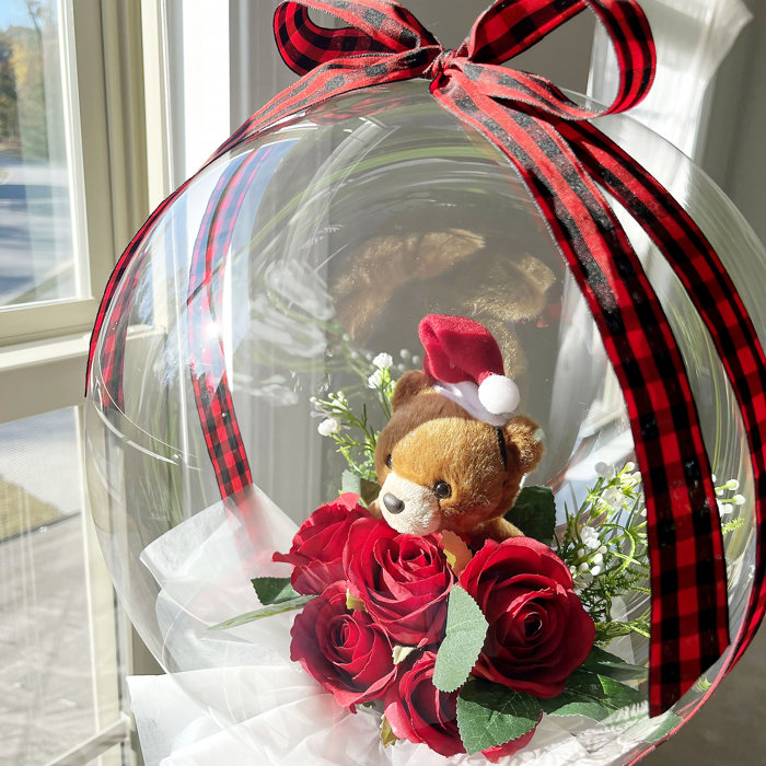 Christmas Teddy Bear Rose Flower Bobo Balloon Bouquet Black Box