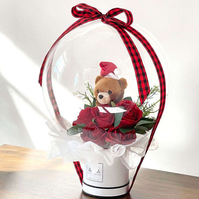 Christmas Teddy Bear Rose Flower Bobo Balloon Bouquet White Box