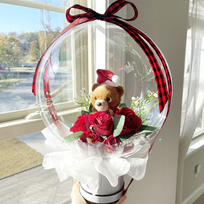 Christmas Teddy Bear Rose Flower Bobo Balloon Bouquet White Box