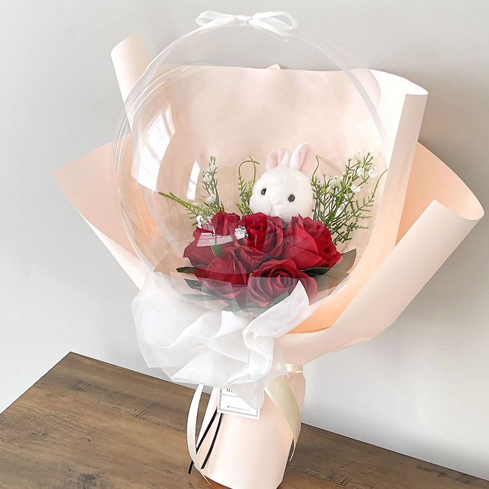 Bunny Red Rose Flower Balloon Bouquet Peach Flower Wrapping paper