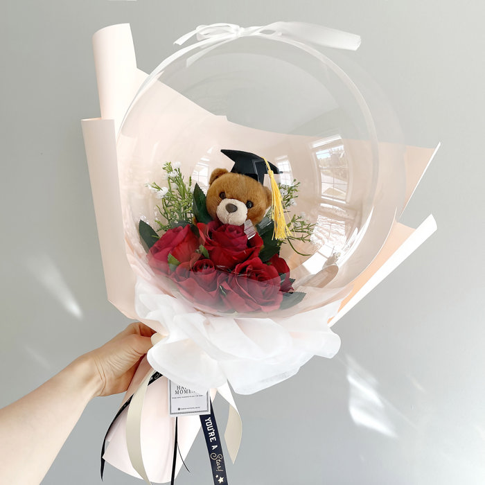 Graduation Teddy Bear Red Rose Flower Balloon Bouquet Peach Wrapping paper