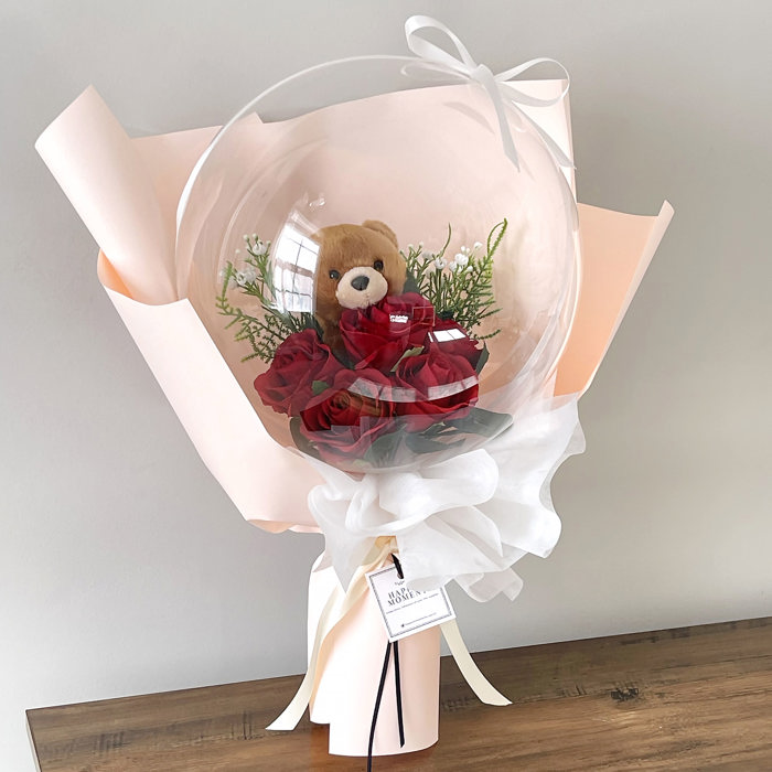 Teddy Bear Red Rose Flower Balloon Bouquet Peach Flower Wrapping paper