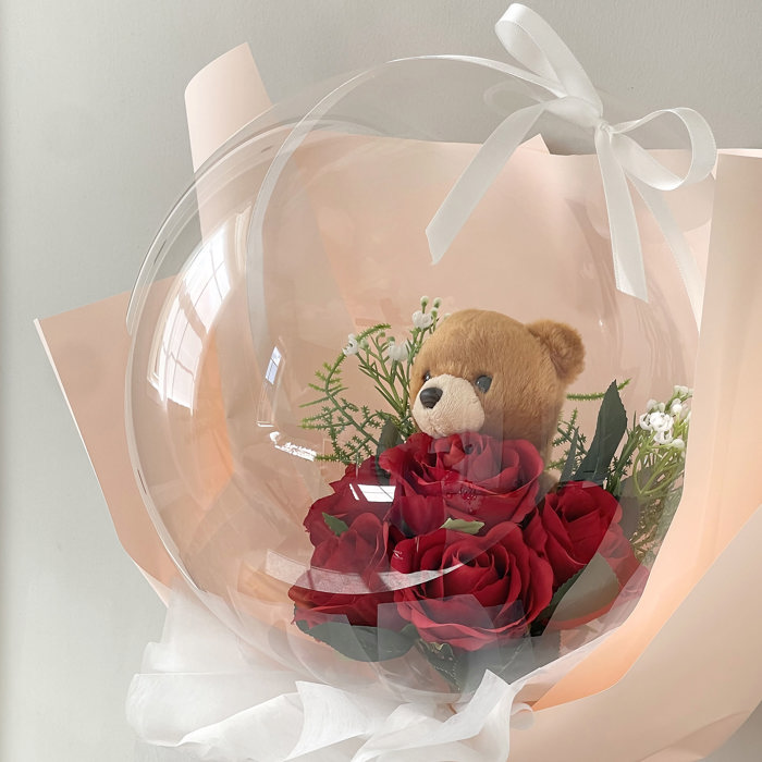 Teddy Bear Red Rose Flower Balloon Bouquet Peach Flower Wrapping paper