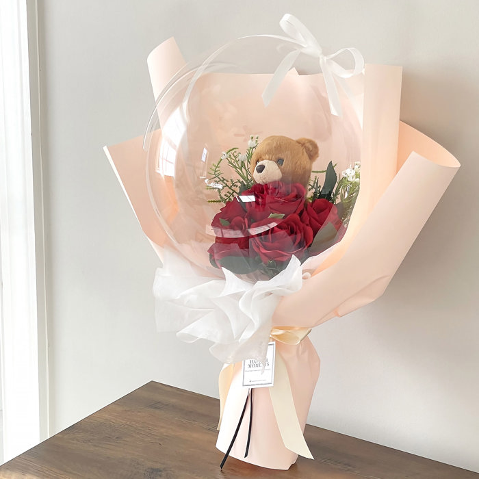 Teddy Bear Red Rose Flower Balloon Bouquet Peach Flower Wrapping paper