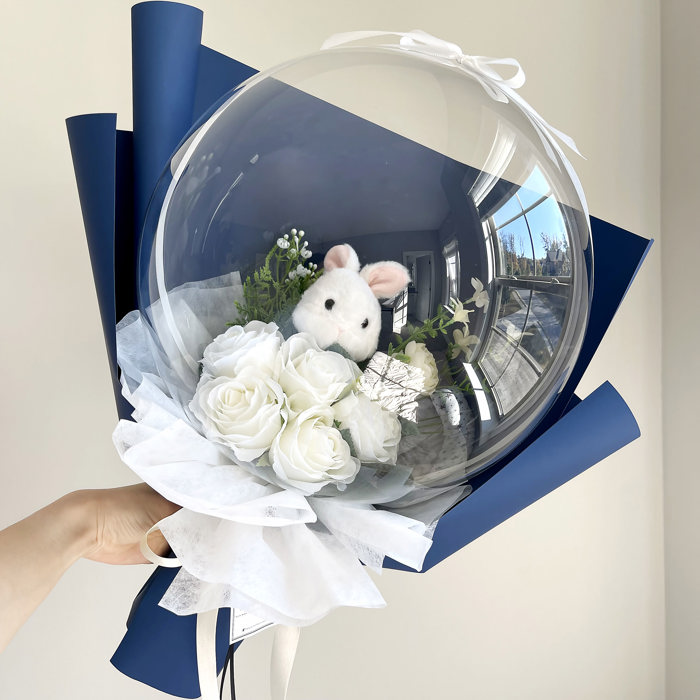 Bunny White Rose Flower Balloon Bouquet Navy Flower Wrapping paper