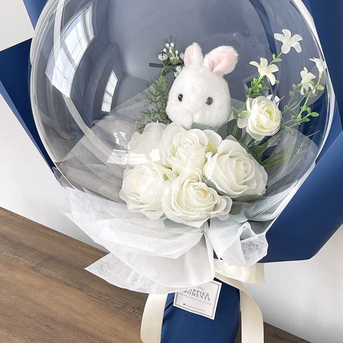 Bunny White Rose Flower Balloon Bouquet Navy Flower Wrapping paper