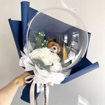 Graduation Teddy Bear White Rose Flower Balloon Bouquet Navy Wrapping paper