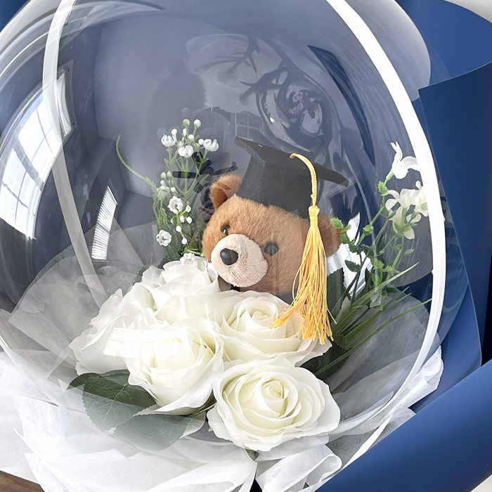 Graduation Teddy Bear White Rose Flower Balloon Bouquet Navy Wrapping paper