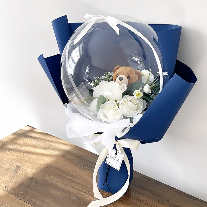 Teddy Bear White Rose Flower Balloon Bouquet Navy Flower Wrapping paper