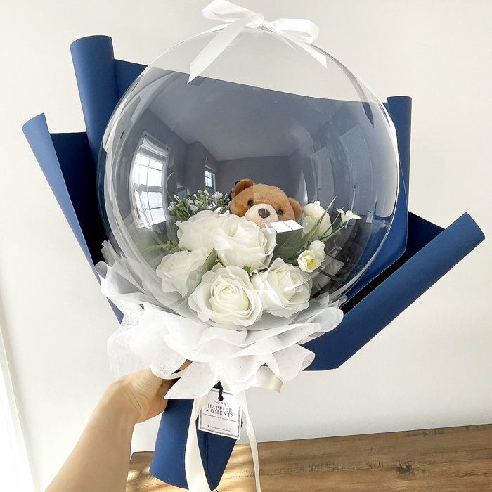 Teddy Bear White Rose Flower Balloon Bouquet Navy Flower Wrapping paper