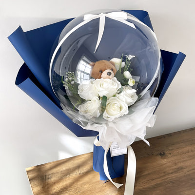 Teddy Bear White Rose Flower Balloon Bouquet Navy Flower Wrapping paper